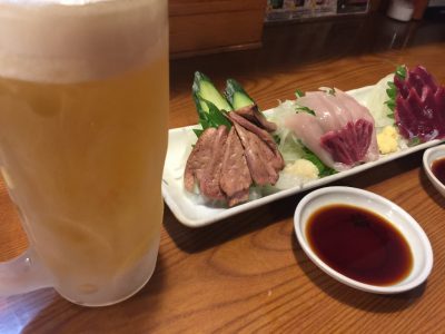 生ビールとみやざき地頭鶏刺身盛り